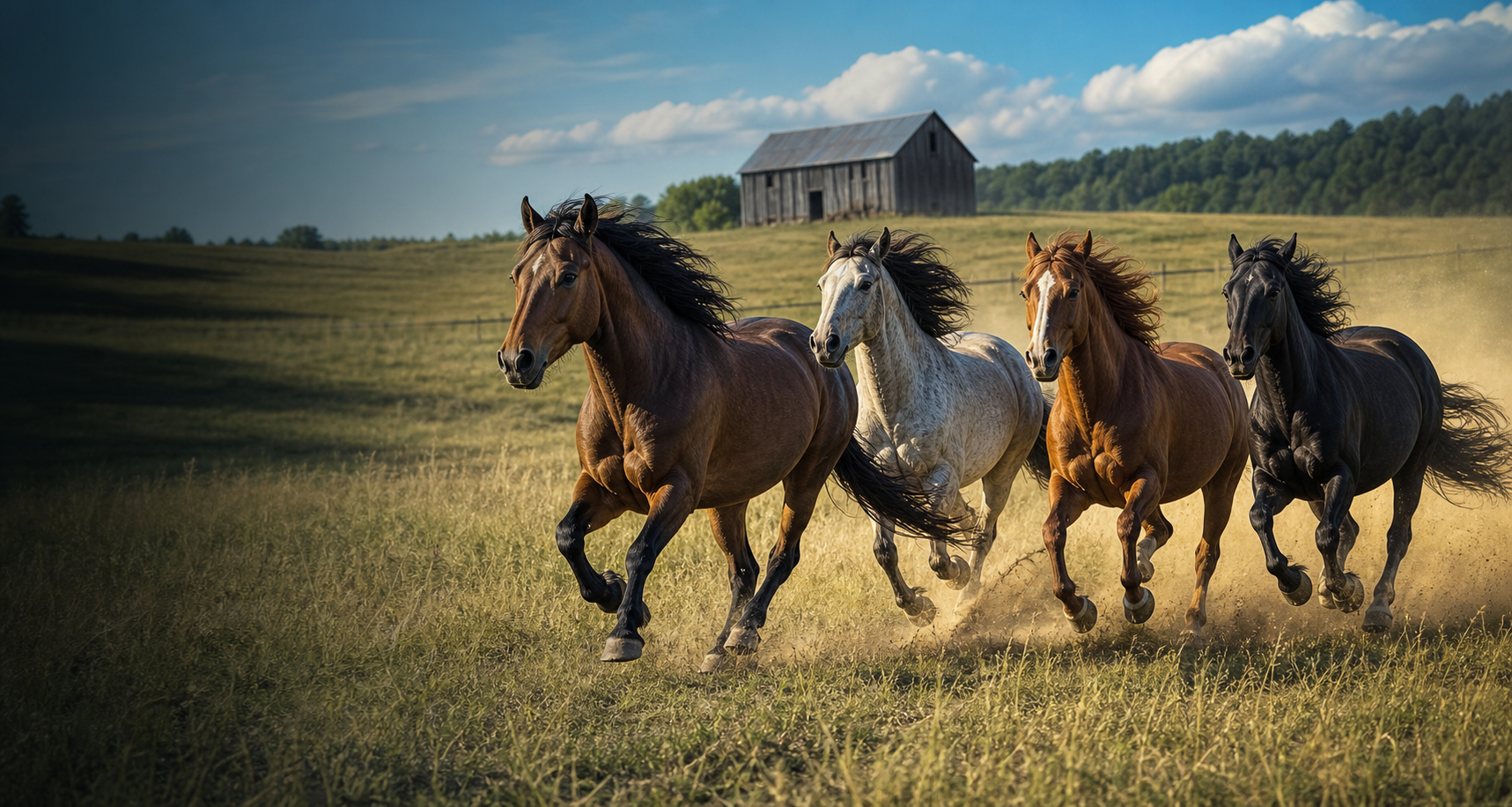 Concept image of four mustangs running across a sunlit pasture